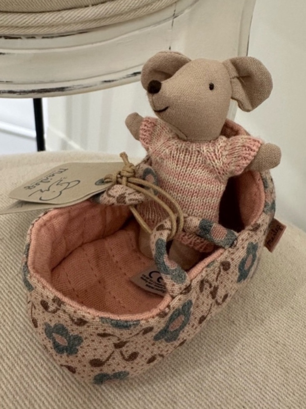 NWT Maileg Baby Mouse in Floral Bassinet - Rose